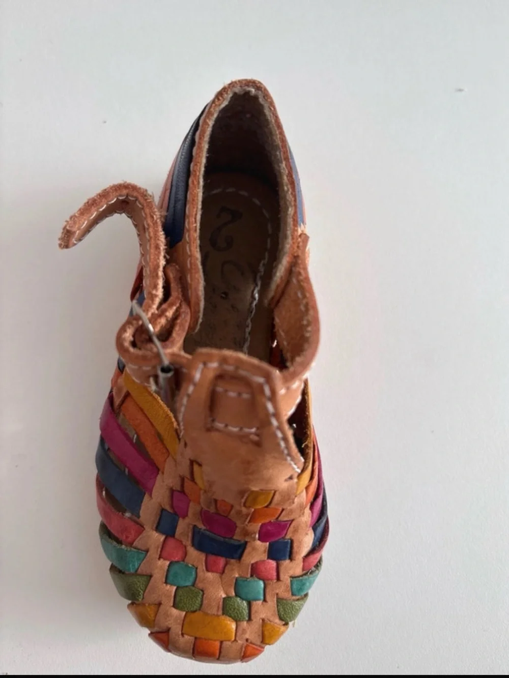 Kids Tan Leather Woven Sandals with Colorful Accents 2